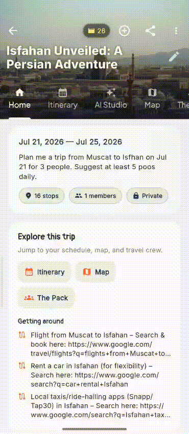 Rihla screen recording: trip overview with itinerary, map, and AI studio