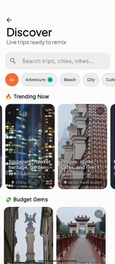 Rihla screen recording: Discover tab with search, filters, and trending trips